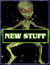 space alien holding new stuff sign