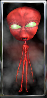 red space alien with shiny green eyes