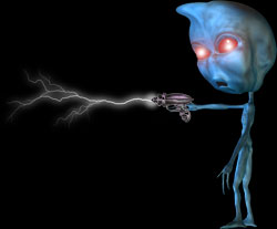 blue alien with ray gun