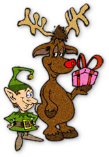 rudolph with an elf and carrying a gift