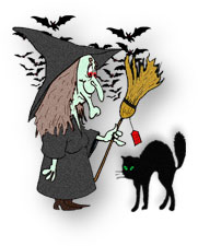 witch with broom, black cat and bats