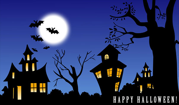 Halloween night scene with bats and Happy Halloween