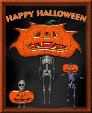 pumkins, jack-o-lanterns and skeletons with frame