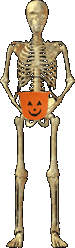 skeleton trick or treating with pumpkin bucket on black
