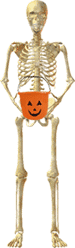 skeleton trick or treating with jack-o-lantern bucket