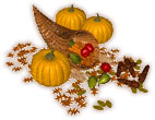 cornucopia, pumpkins, fruit and fall leaves